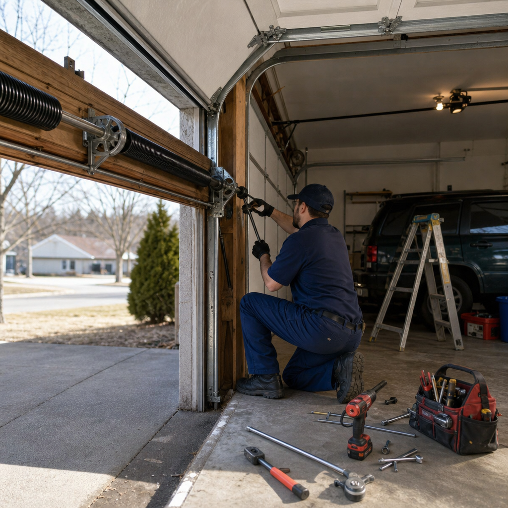 Technician performing emergency garage door torsion spring repair in Rochester, NY