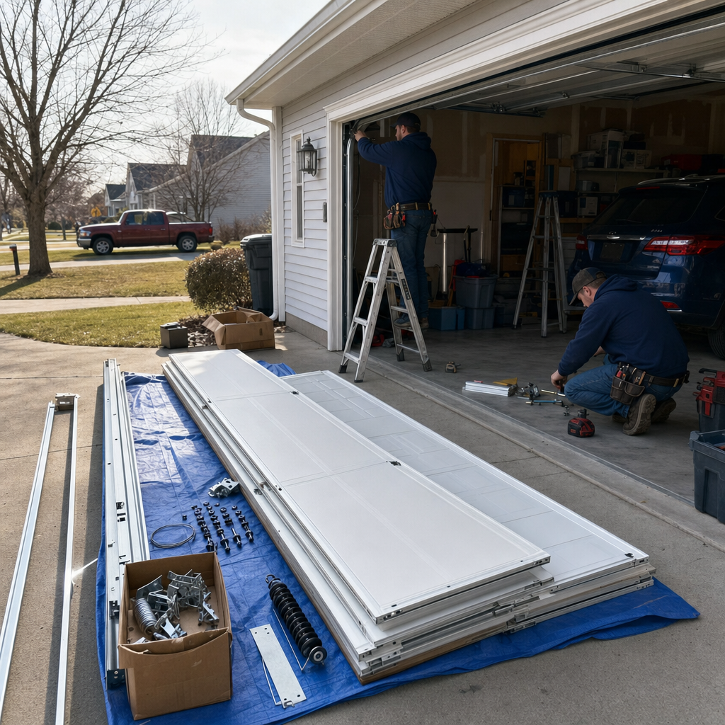 Two professional technicians installing a new residential garage door system in Webster, NY