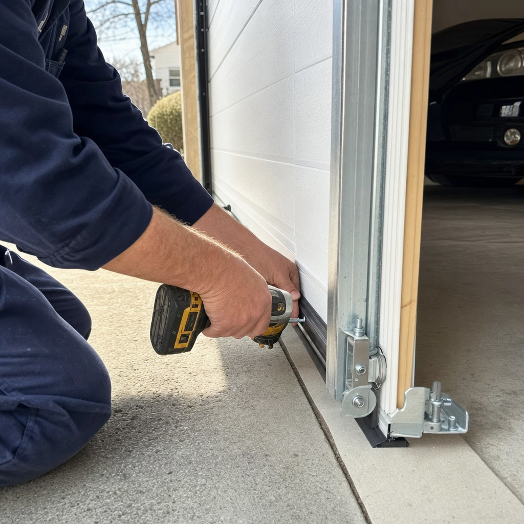 Technician using a power drill to install a garage door seal in Webster, NY