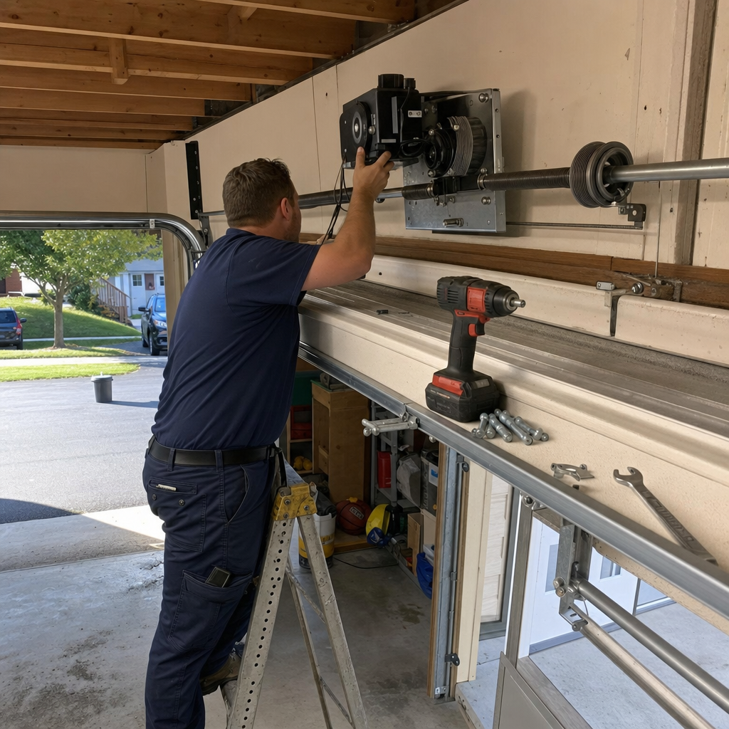 Technician installing a professional wall-mount garage door opener system in Rochester, NY
