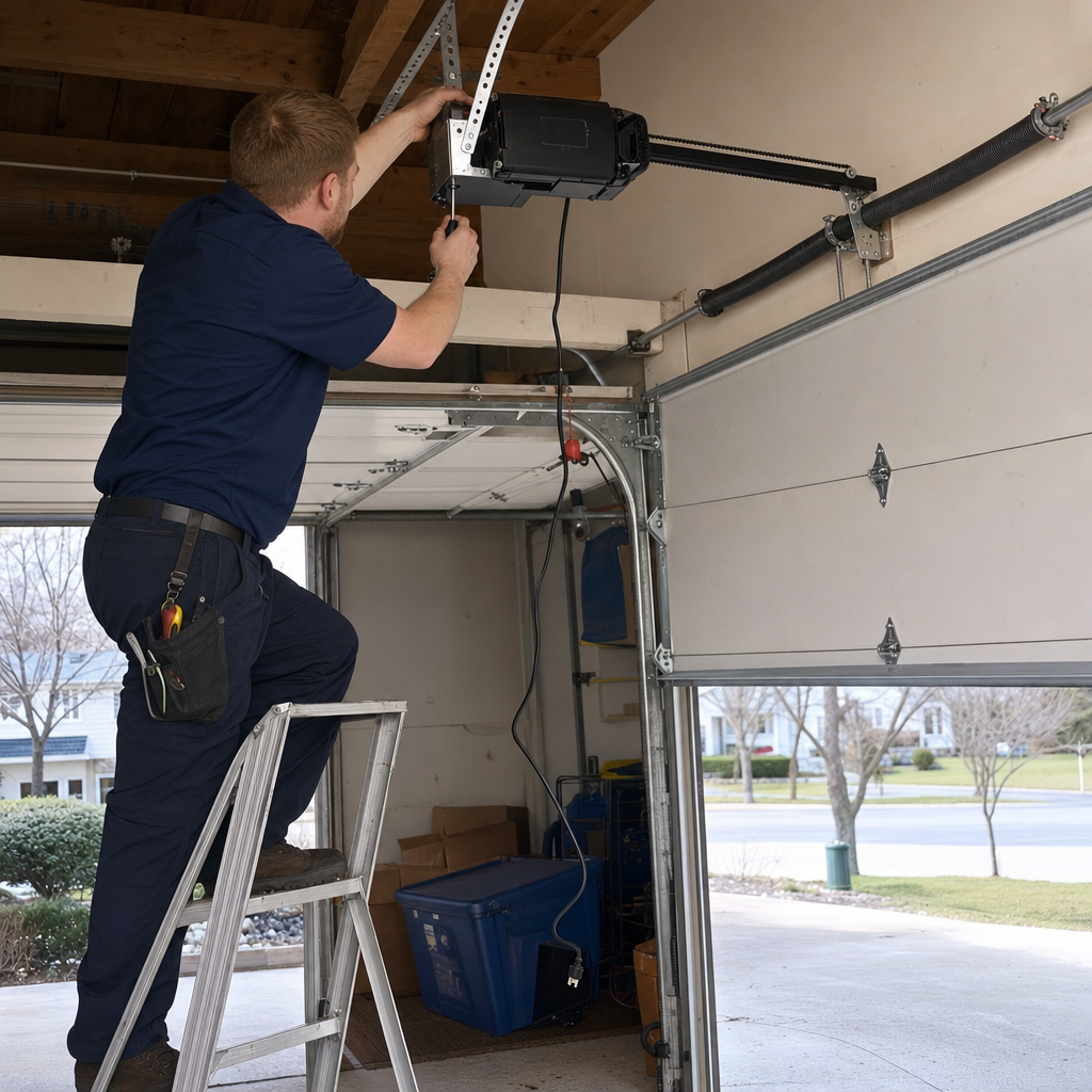 Technician performing professional garage door opener repair and installation in Rochester, NY