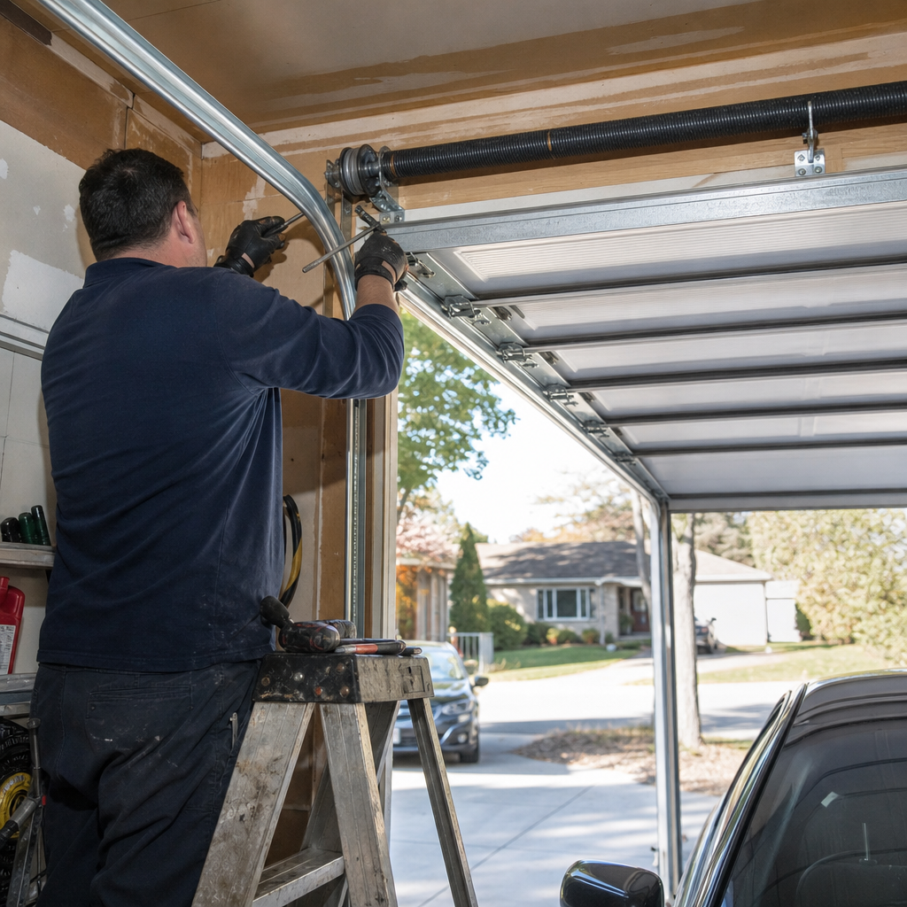 Technician performing professional garage door spring repair and maintenance in Greece, NY