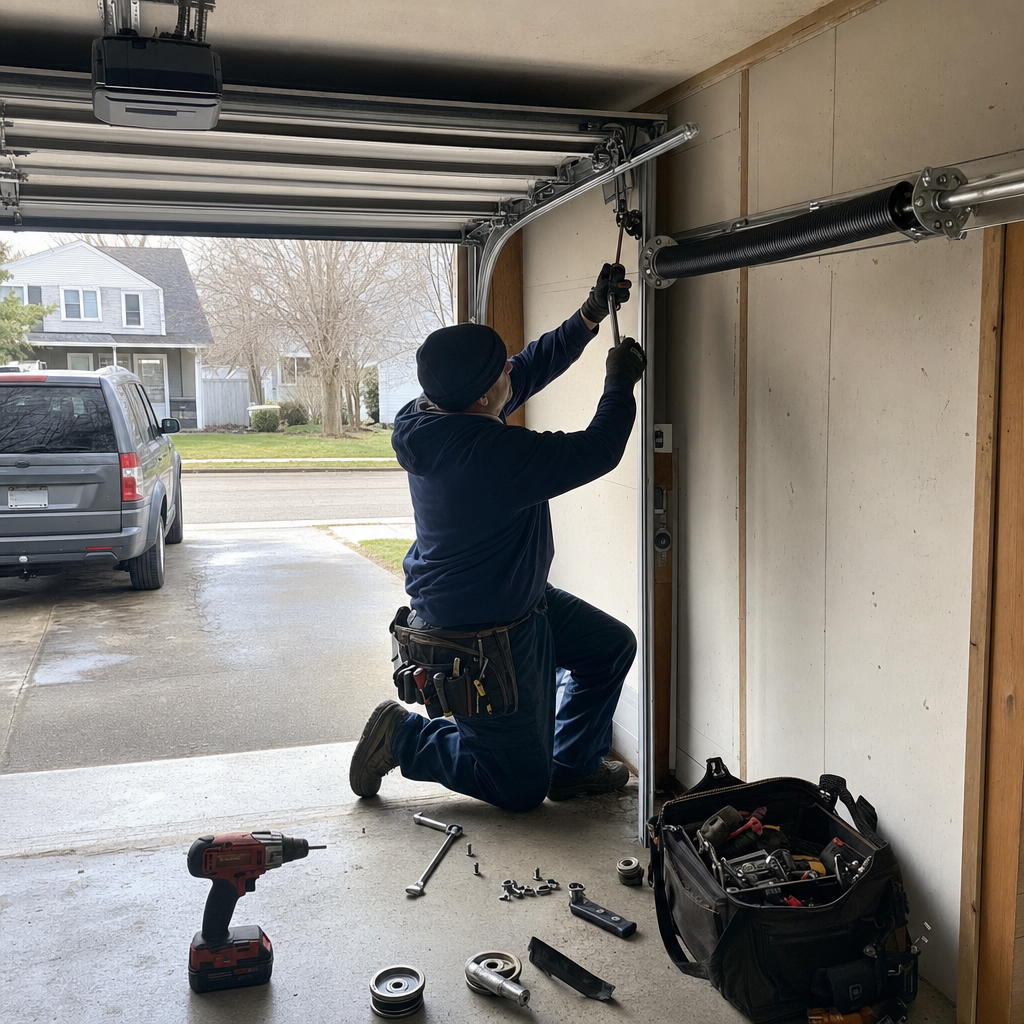 Professional technician repairing garage door components and springs