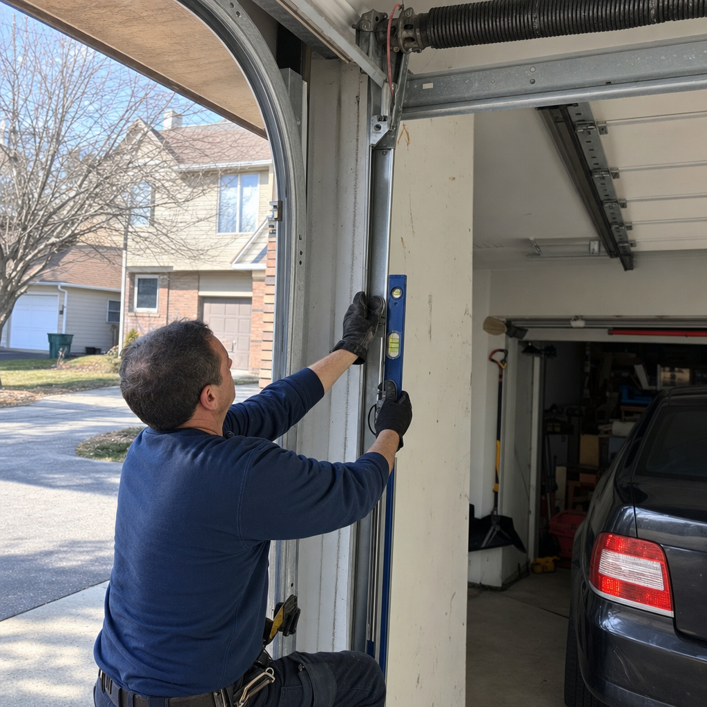 Technician checking garage door track alignment with a spirit level in Greece, NY