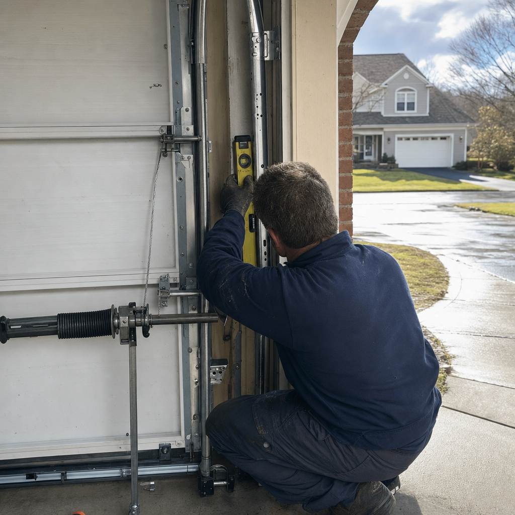 Technician checking garage door track alignment with a level in Greece, NY